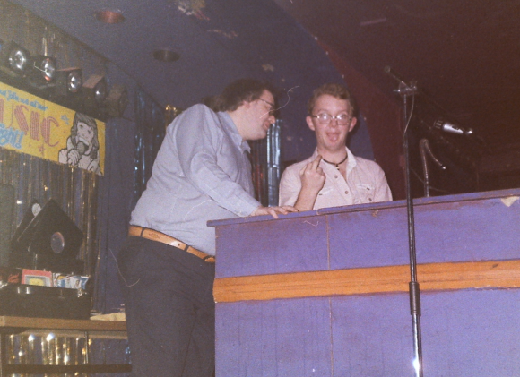 Green Man DJ desk - me (being my naughty self) and Big Tel