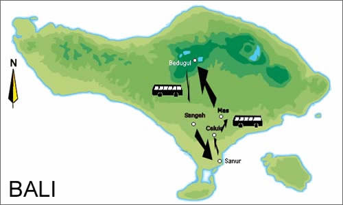 Bali map showing whereabouts for the day