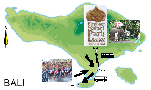 Bali map showing whereabouts for the day