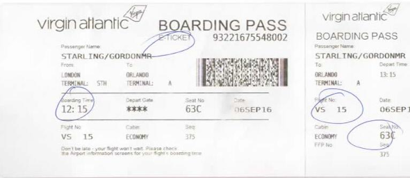 Gordon's Outward Boarding Pass